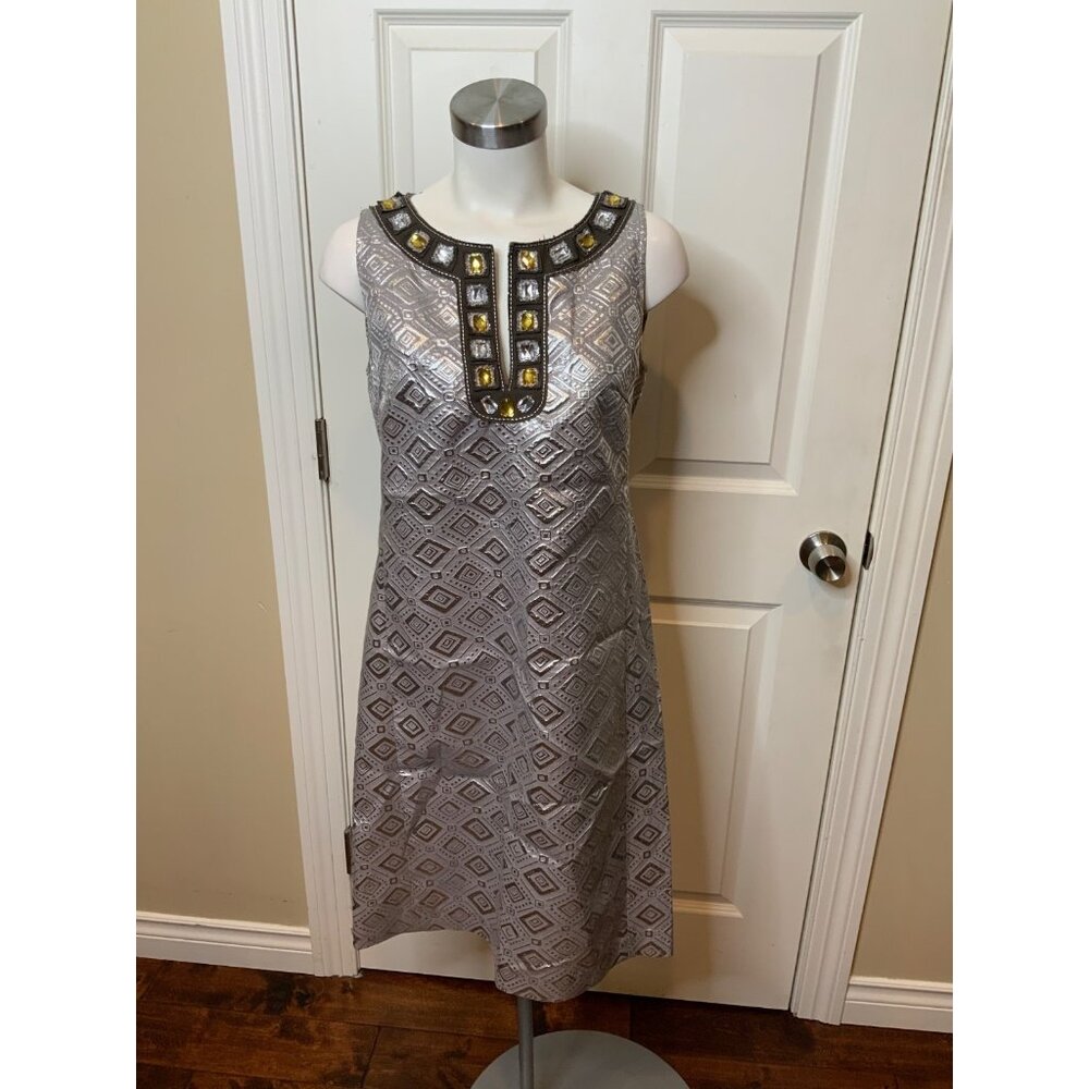 Tory Burch Silver Diamond Jacquard Jewel Neck Shift Dress, Size 10